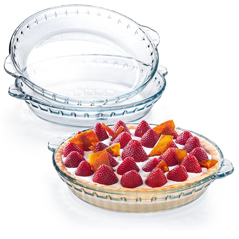 Kingrol 3 Pack Glass Pie Plates with Handles, 9 Inches Baking Dishes, Clear Glass Serving Plates for Snacks, Salads, Desserts - Image 1